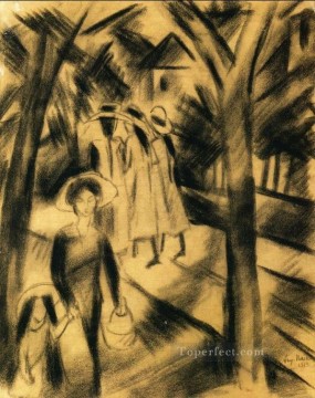 オーガスト・マッケ Painting - 道路上の子供と女の子を持つ女性 オーガスト・マッケ